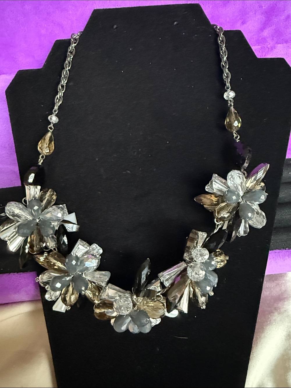 Statement Floral Crystal Necklace in Smoky Gray and Champagne